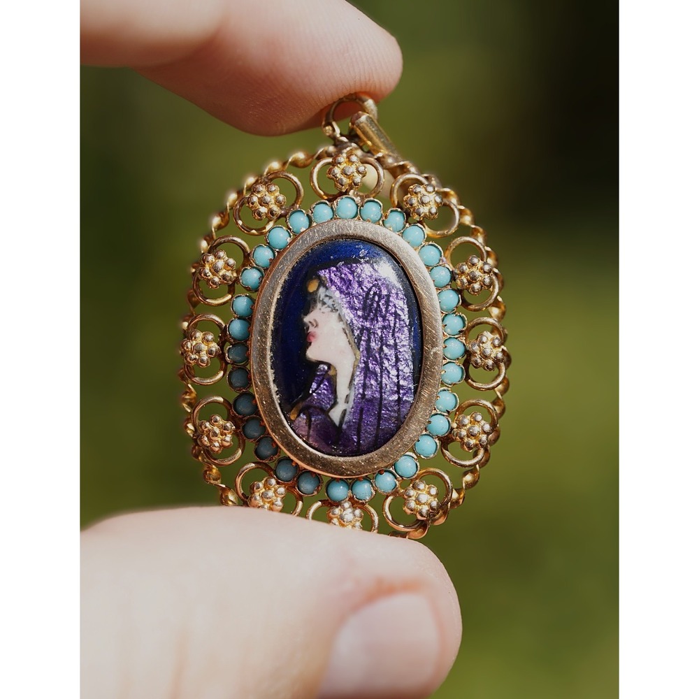 Antique‎ 20k Solid Yellow Gold Filigree Enamel Cameo Turqiouse Pendant Portugal - Picture 4 of 11